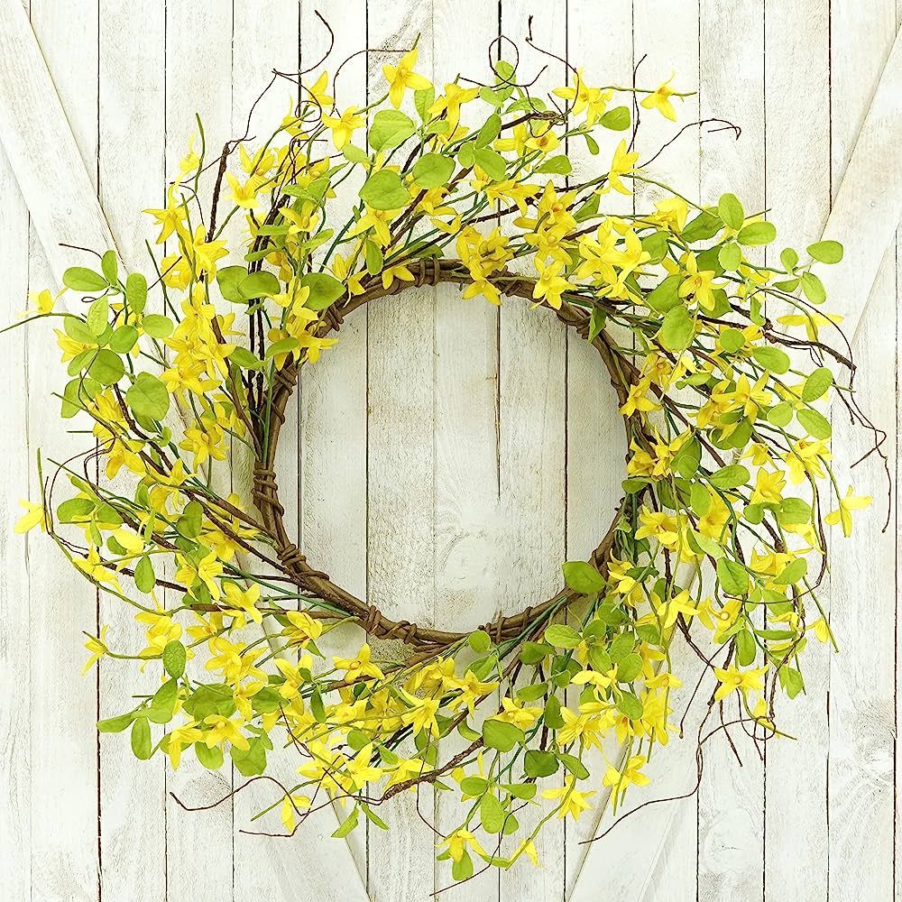 AMF0RESJ Artificial Yellow Jasmine Spring Summer Wreath,Forsythia Wreath for Front Door with Gree... | Amazon (US)
