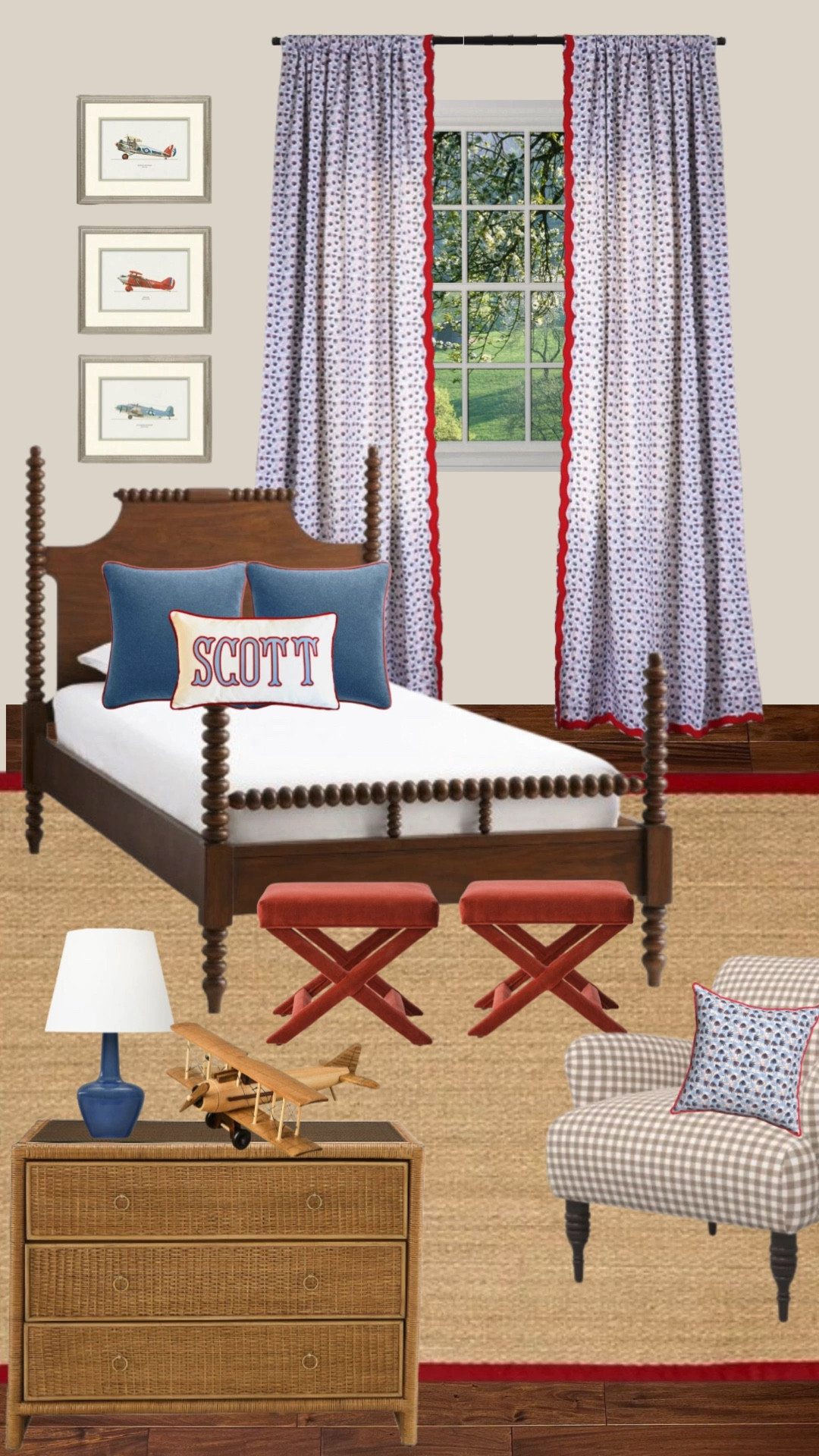 ❤️💙 for the little man in your life ✈️ 
.
.
.
.
boy room design inspiration, room decor, home decor, twin bed, ottomans, blue lamp, gingham chair, pepper home curtains, blue and red, plane decor 

#LTKHome