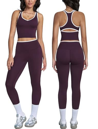 ABOCIW Workout Sets for Women Color Block Gym Set V Neck Racerback Tank Top Built in Bra High Waist Tummy Control Leggings Yoga Pilates Outfits Athletic Work Out Clothes Plum Purple Small | Amazon (US)