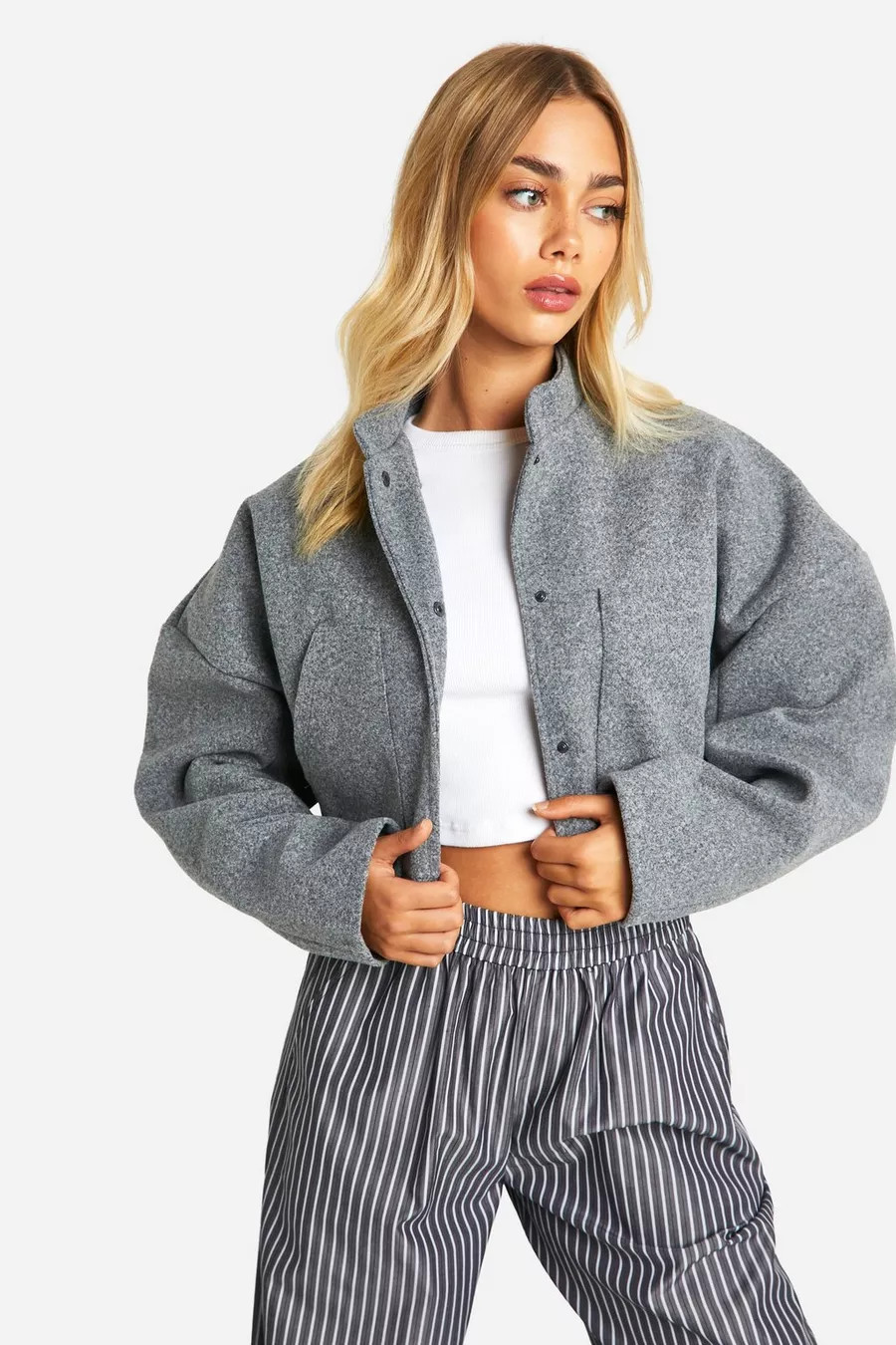 Wool Look Boxy Bomber Jacket | boohoo (US & Canada)