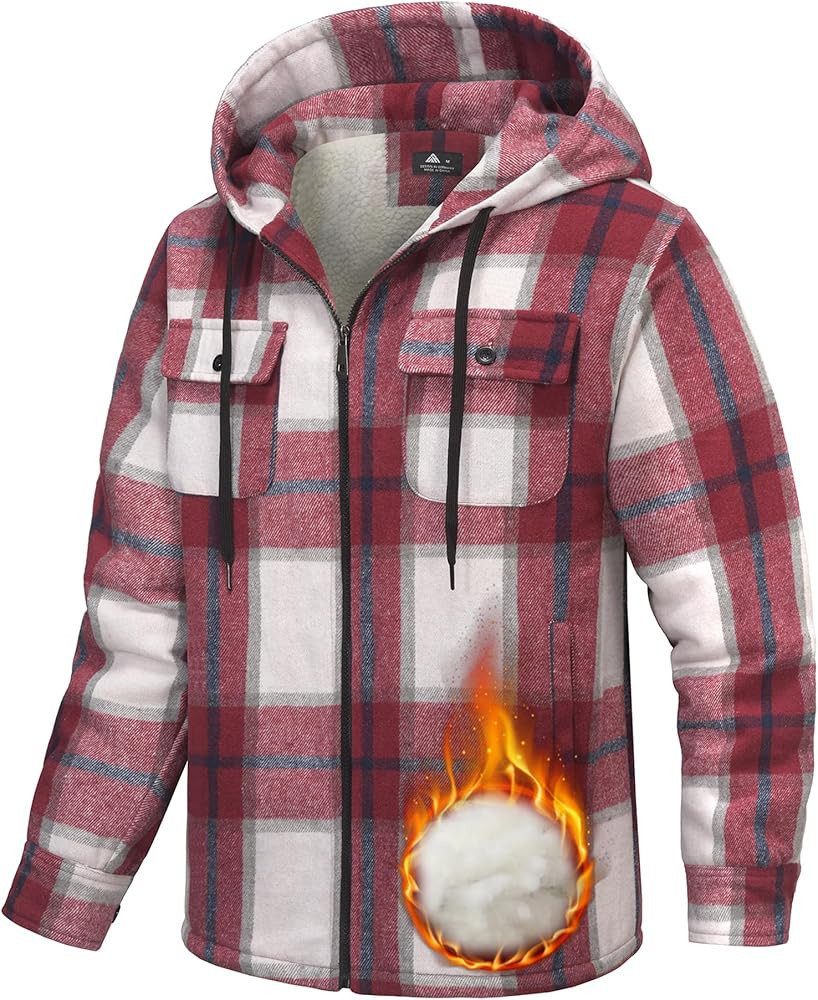 Mens Flannel Hoodie Plaid Jacket Fleece Sherpa Lined Full Zip Up Sweatshirt Winter Hooded Shirts ... | Amazon (US)