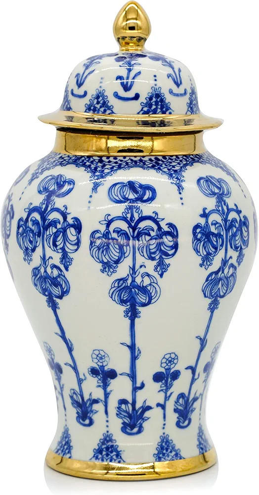 Decor Handmade Gold Trim Blue and White Porcelain Fuchsia Flowers Ginger Jar with Lid, 9.1”H x ... | Amazon (US)