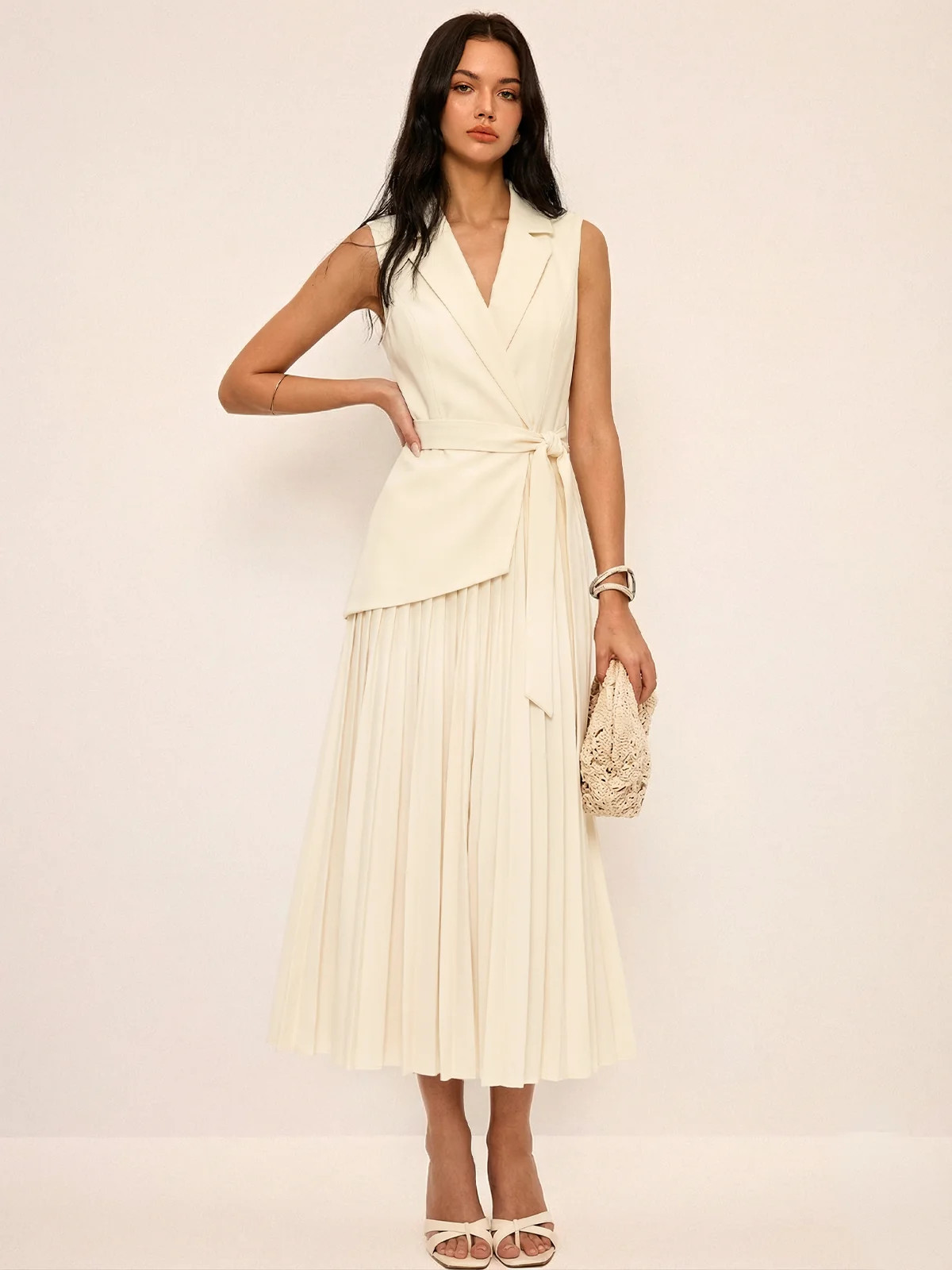 Sleeveless Belted Pleated Blazer Dress | Commense