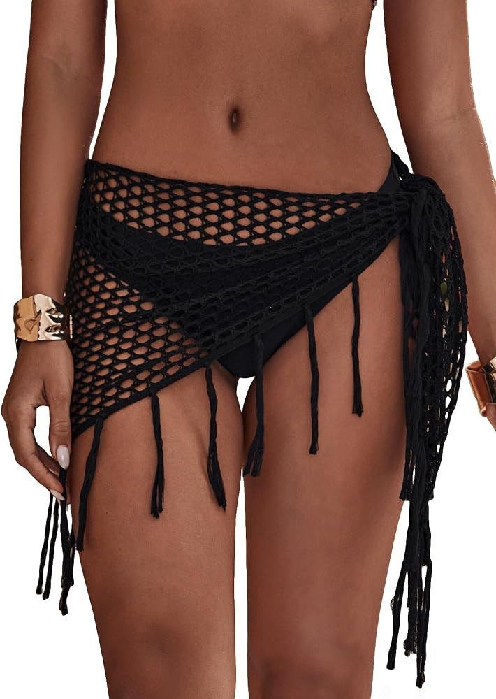 Floerns Women's Hollow Out Beach Cover Up Skirt Crochet Fringe Trim Sarong | Amazon (US)
