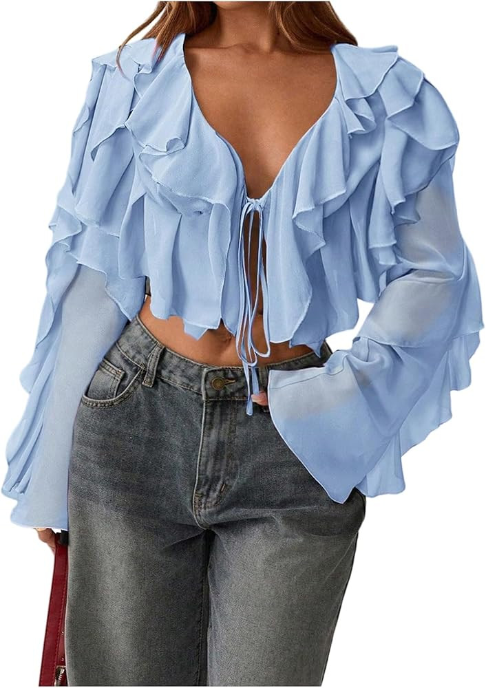 Floerns Women's Ruffle Trim Mesh Long Sleeve Blouses V Neck Tie Front Crop Tops | Amazon (US)