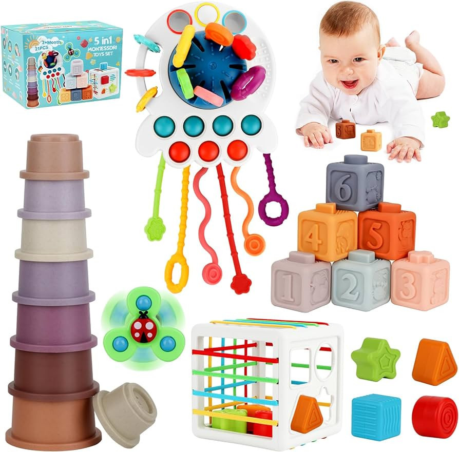 LOSLANDIFEN 5 in 1 Montessori Toys, Baby Toys 6-12 Months, Toddler Sensory Toys with Sensory Bin,... | Amazon (US)