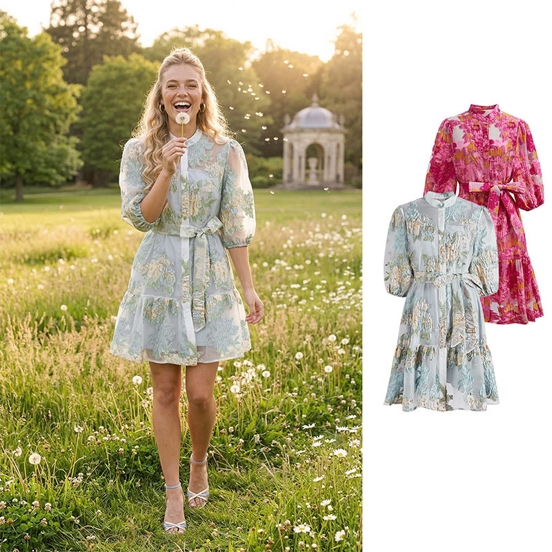 Floral Jacquard Puff Sleeves Organza Buttoned Belted Dolly Dress in Baby Blue for Garden Parties ... | Chicwish