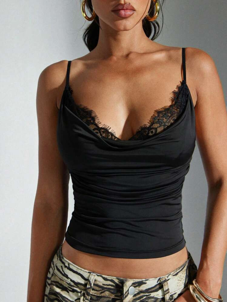 Denimoi Women's Solid Color Lace Trim Scoop Neck Cami Top, Sexy Tank Top, Sexy Tops, Vacation Tops Summer Tops GNO Going Out Tops | SHEIN
