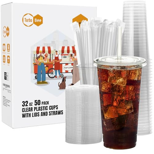 Turbo Bee 50 Sets 32 OZ Clear Plastic Cups with Lids and Straws, Disposable To Go Iced coffee cups with lids for Cold Drinks, Smoothie, and Slushie | Amazon (US)