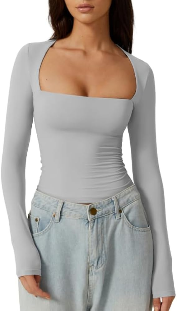 QINSEN Women's Sexy Square Neck Shirt Long Sleeve Double Lined Tees Fitted Going Out Tops | Amazon (US)