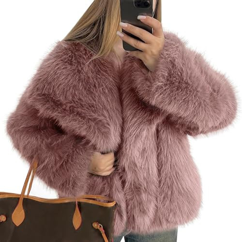 FSVABY Womens Cropped Fluffy Faux Fur Coat Open Front Long Sleeve Furry Jacket with Pockets (Dark Pink, Small) | Amazon (US)