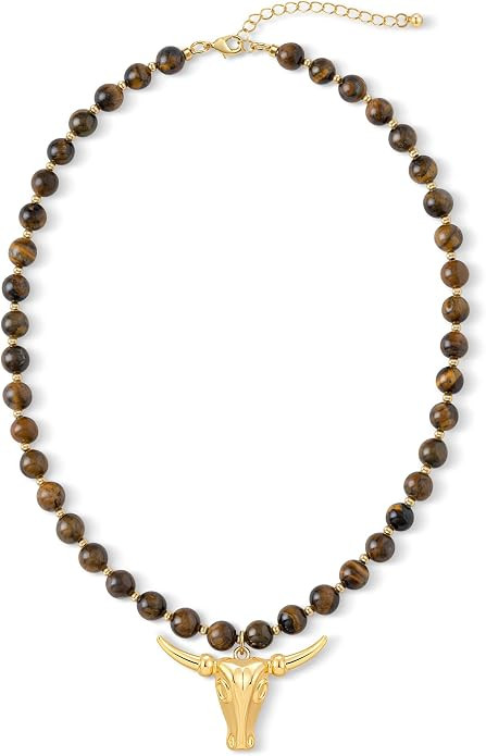 Western Cowgirl Beaded Necklace for Women - Vintage Cowboy Turquoise Tiger Eye Stone Beads Bull H... | Amazon (US)