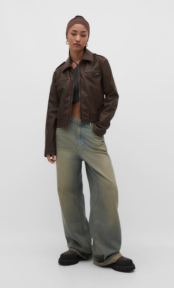 Faded leather effect jacket - Women's fashion | Stradivarius United Kingdom | Stradivarius (UK)