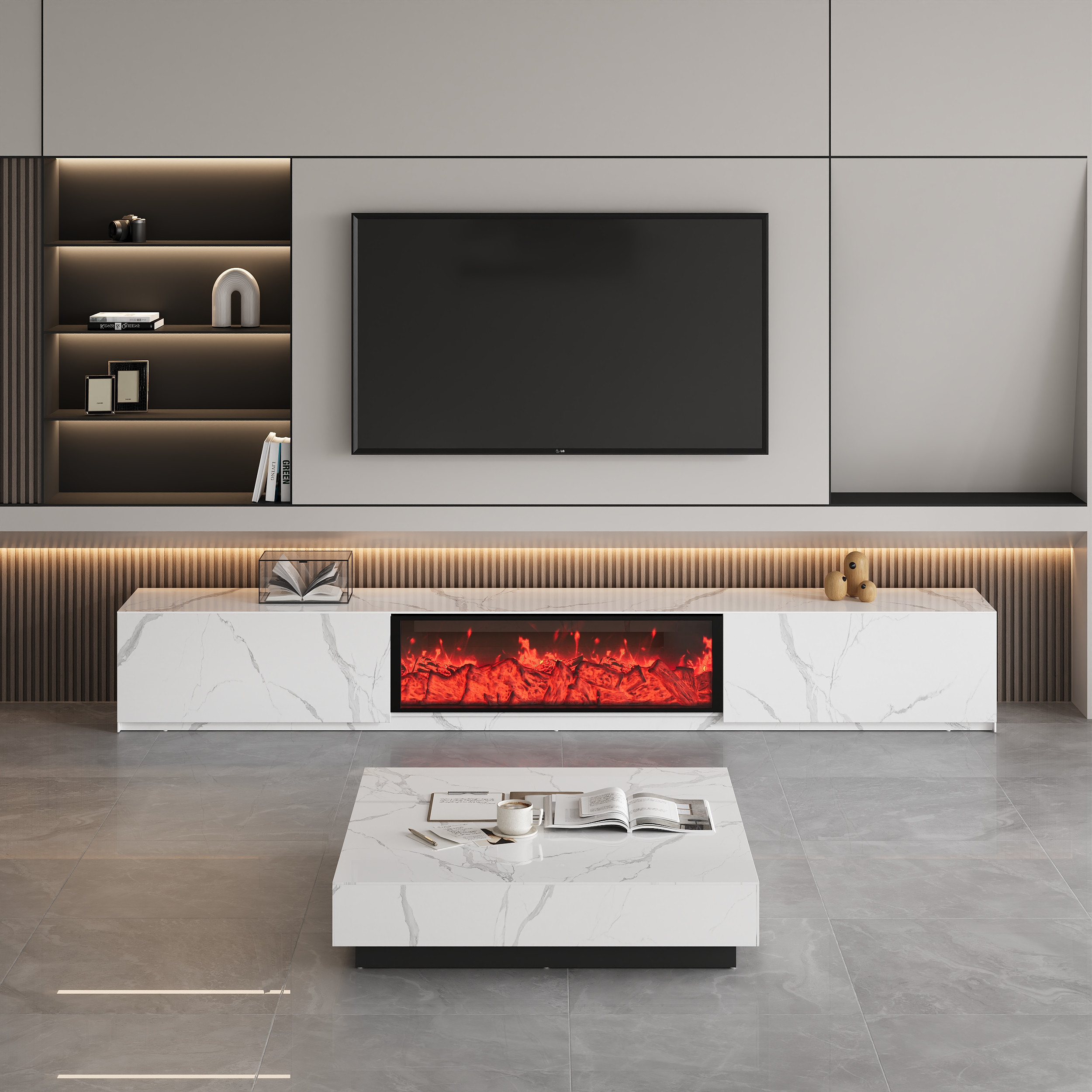 78.7"" Electric Fireplace Marble Veneer Sintered Stoner Storage TV Stand with Remote Control for 75"" TV 39"" Coffee Table Set | Homary