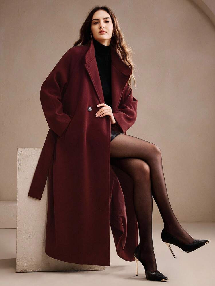 Anewsta Women's Solid Color Stand Collar Belted Long Overcoat, Autumn/Winter | SHEIN