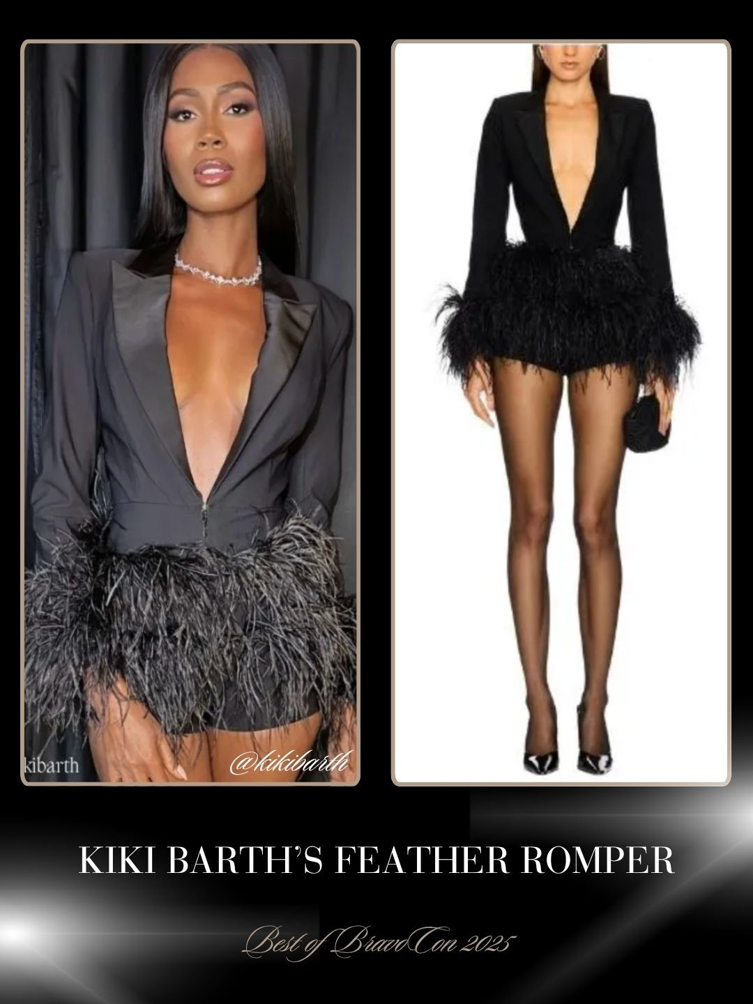 Kiki Barth's Black Satin Feather Trim Romper at Bravocon 2025 Photo: @kikibarth / Styled by @Stylishlysolomon 

 