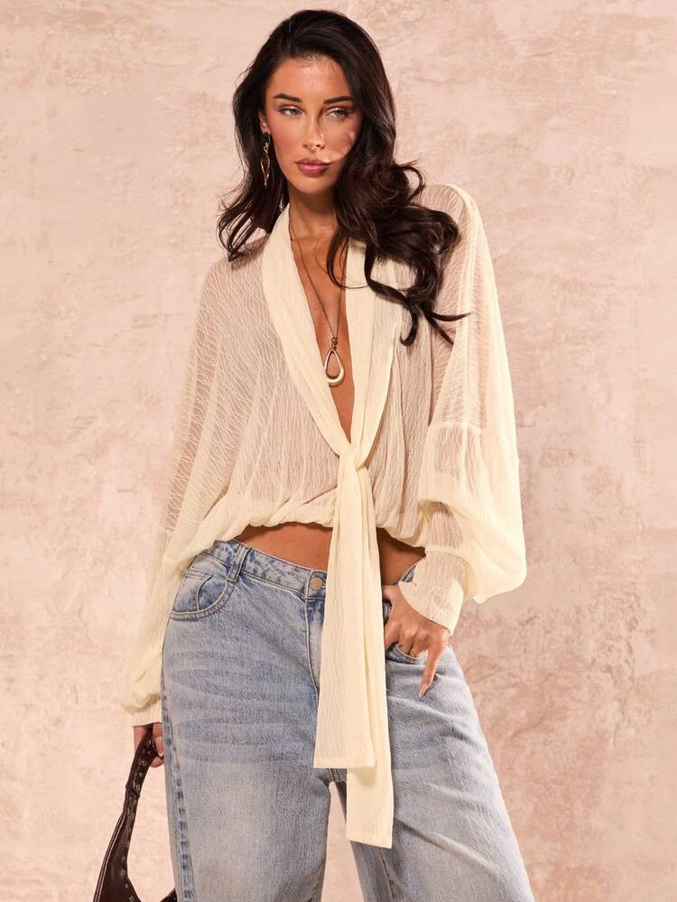 SHEIN Glamour SHEIN Women's Lace Chiffon Casual Blouse, V-Neck Long-Sleeved Chiffon Blouse, Apricot Chiffon Flared Sleeve Long-Sleeved Women's Blouse, Long-Sleeved Top, Tie-Front Blouse, Tie-Front Top, Chiffon Blouse, Bohemian Style Top, Semi-Transparent Kimono Sleeve Shawl Collar Regular Blouse, Semi-Transparent Lace Casual Blousecarnival Women Look 2026Yellow SummerWhite 3DVacay VibesUrban ComfortTulle Bloomrendy Basic AutreetwearSkin RevealingRetro ChicPale YellowMinimalist Stylelong Sleeve TopEleganckaKoronkaCreamy Yellowcool Productlean Fit StyleBlossom Vogue | SHEIN