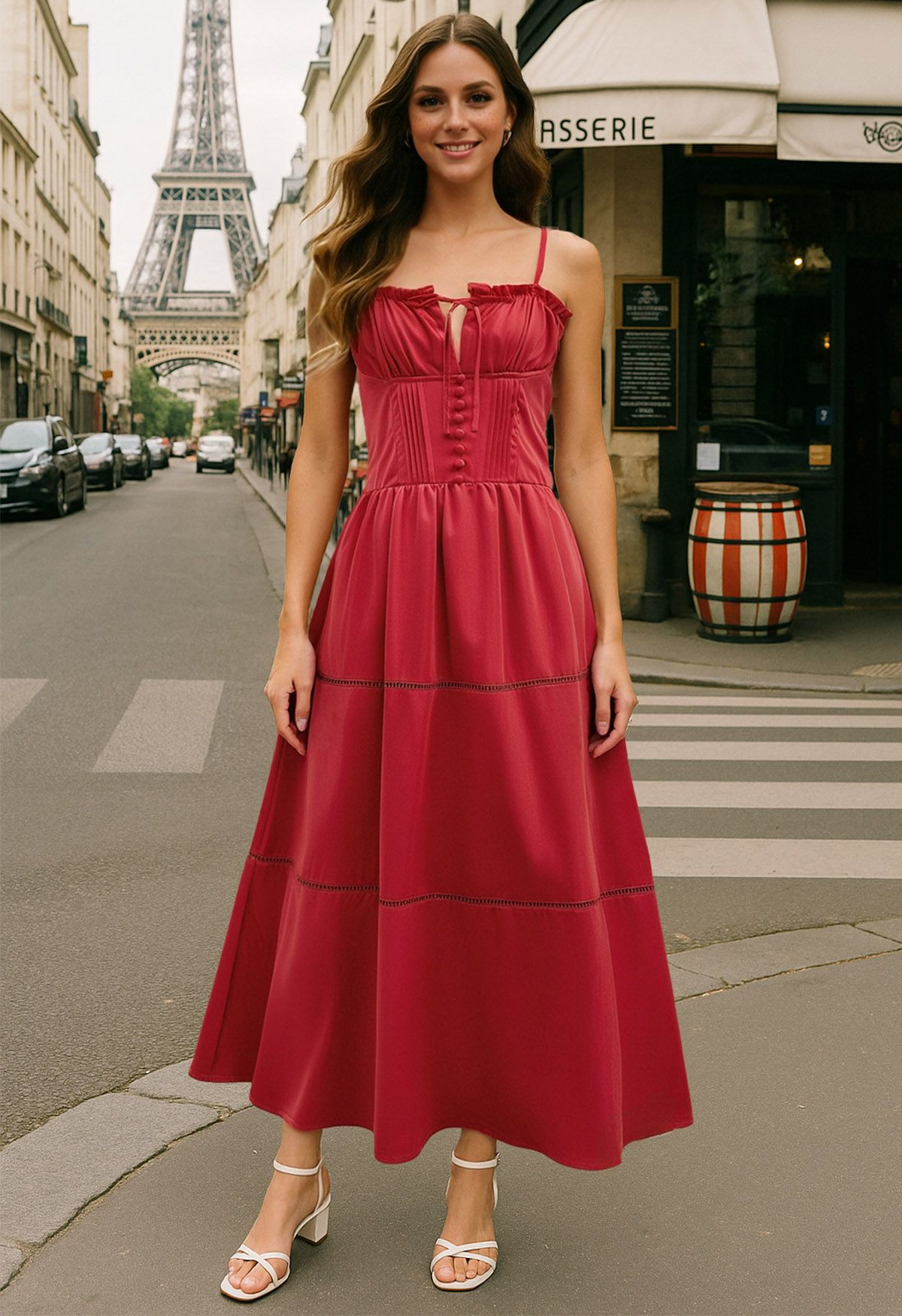 Button Decor Pintuck Eyelet Shirred Dress in Red | Chicwish