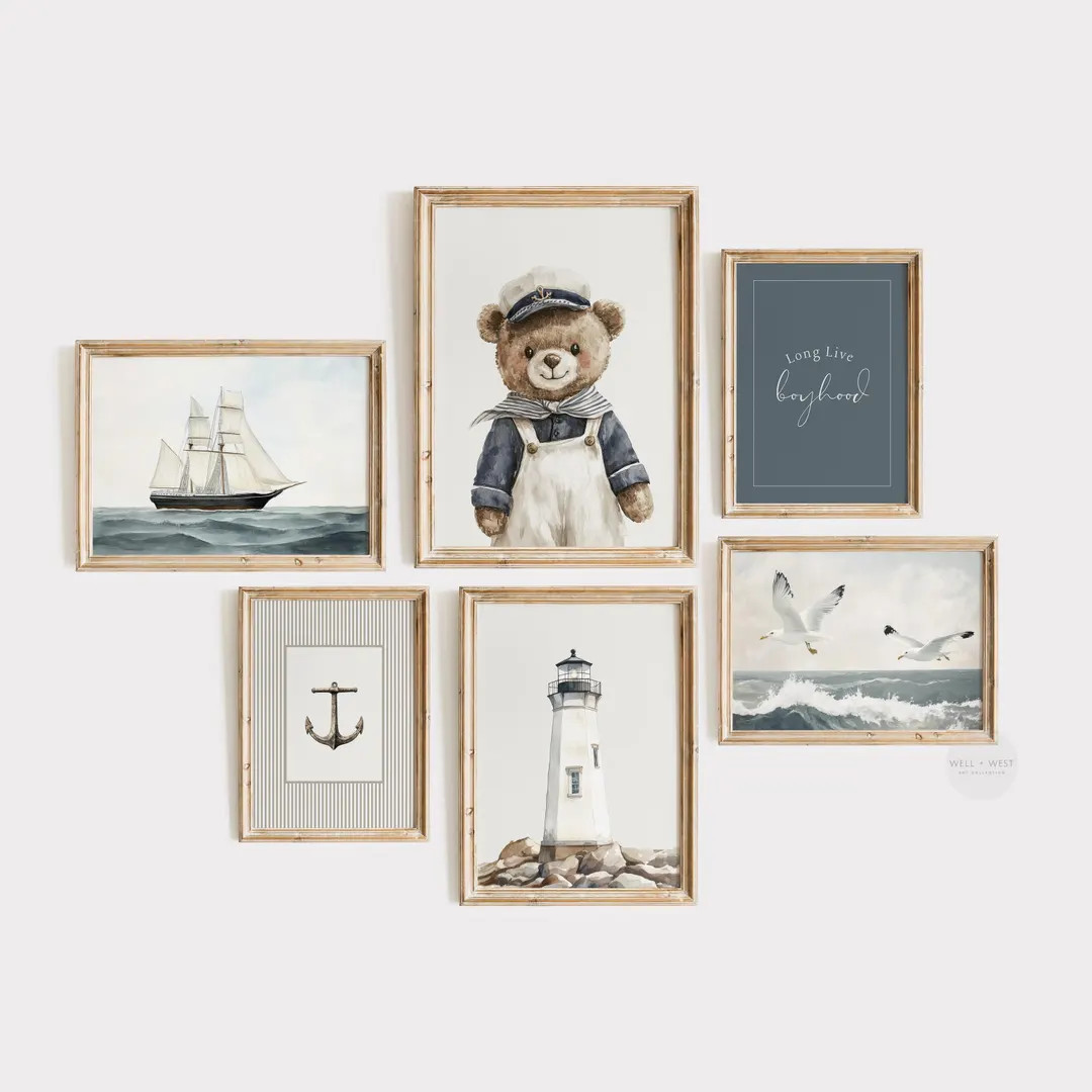 Boy Coastal Set of Six | Nautical Nursery Paintings | Teddy Bear Sailor Print | Kids Room Sailboa... | Etsy (US)