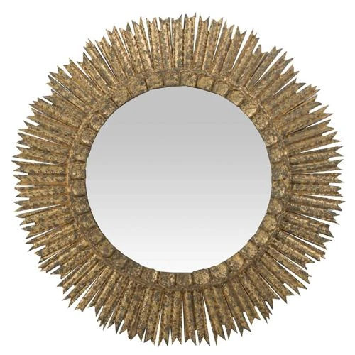 Ramona Global Antique Gold Pine Wood Sunburst Frame Round Wall Mirror | Kathy Kuo Home