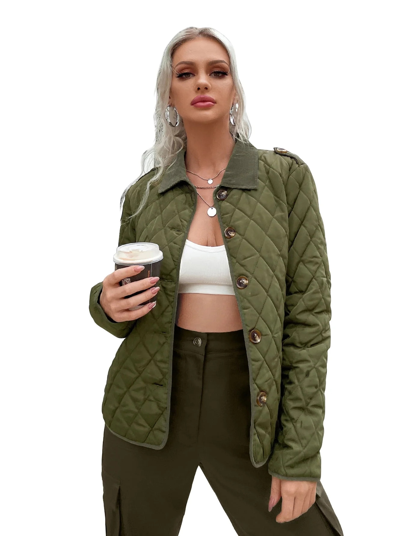 Eilly Bazar Quilted Winter Coat for Women Long Sleeve Female Button Front Short Coat Army Green S | Walmart (US)