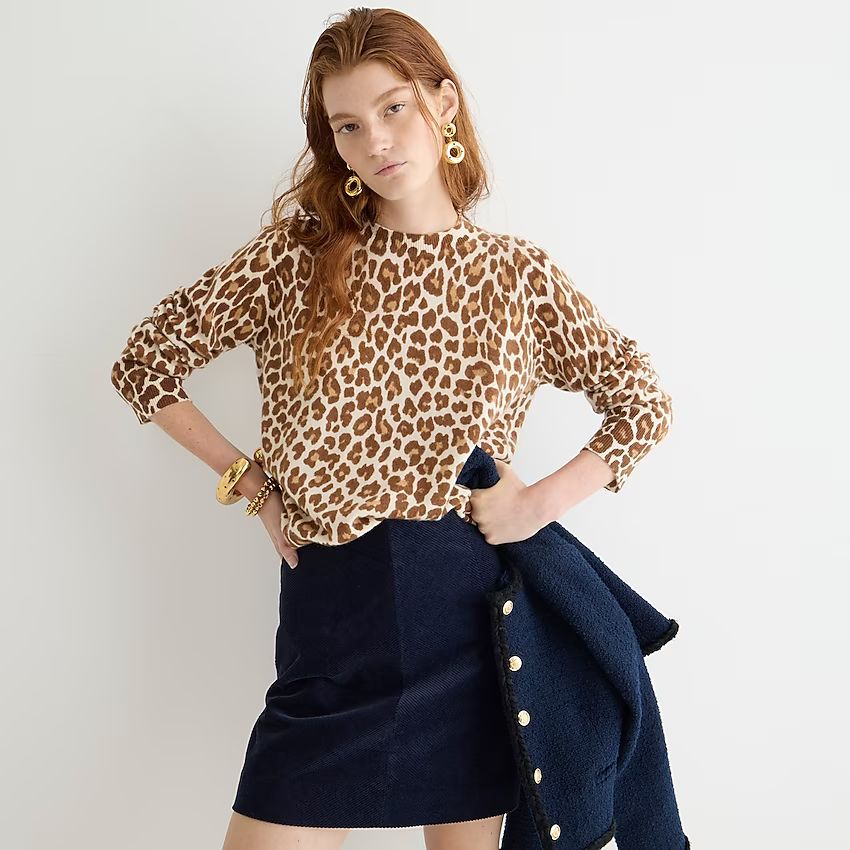 Cashmere classic-fit crewneck sweater in leopard print | J.Crew US