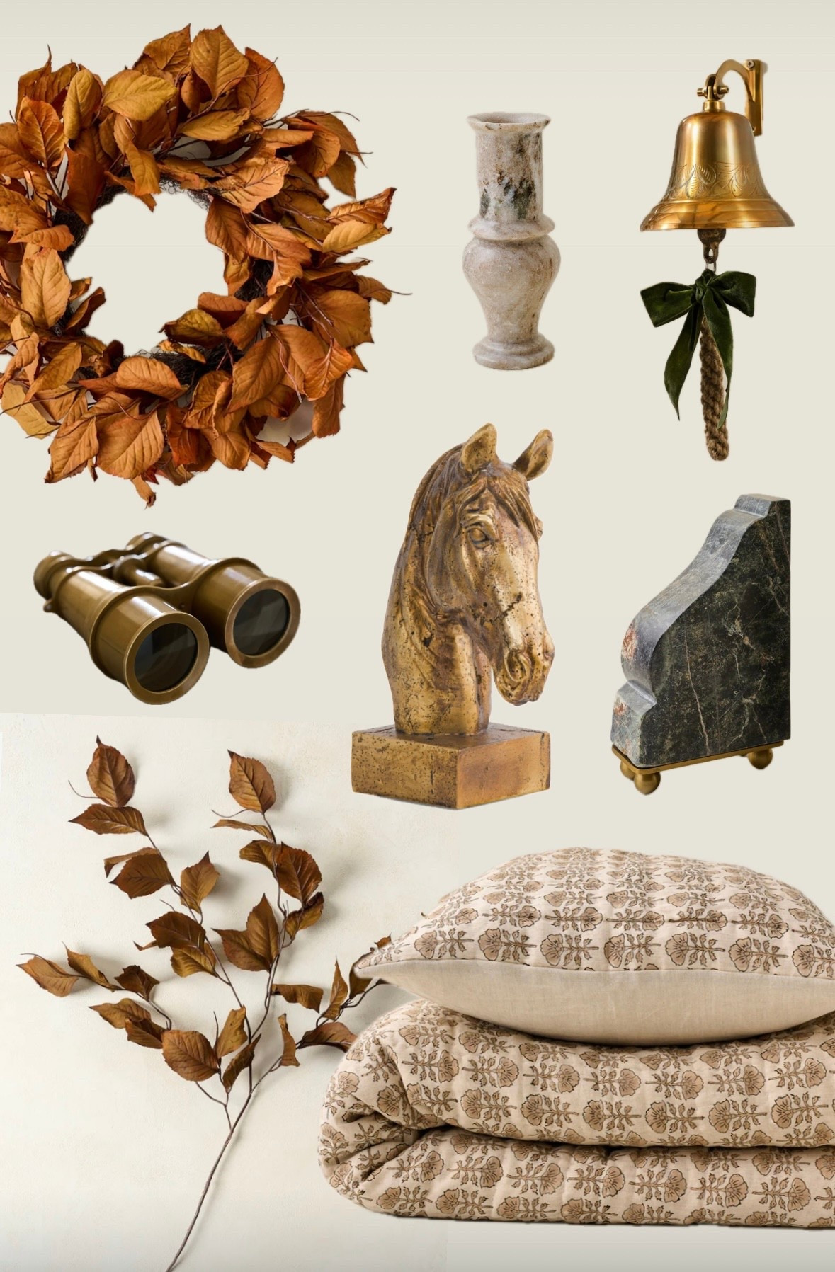 Sharing some cozy finds 🤎 
- Faux fall stem & wreath
- Golden horse sculpture 
- Dark green marble bookend 
- Brass dinner bell
- Brass binoculars 
- Block print blanket 
- Marble candle holders 
