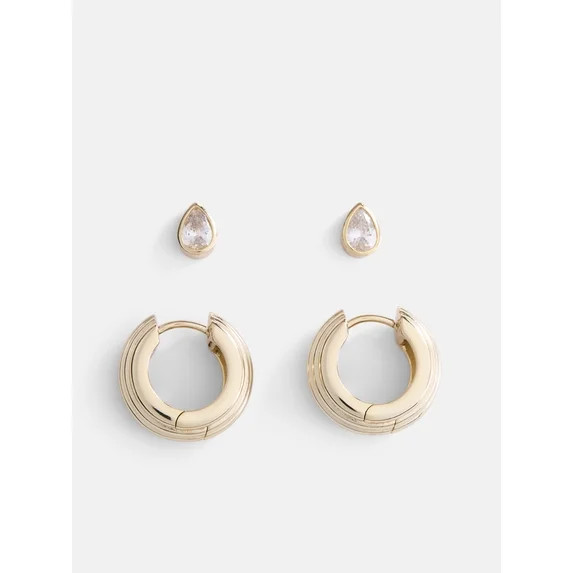 Free Assembly Women's Demi Fine 14K Gold Plated Cubic Zirconia Teardrop and Hoop Earring Set, 2-P... | Walmart (US)