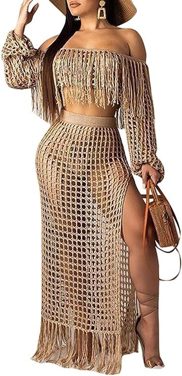 Aro Lora Women's 2pcs Bikini Swimsuit Cover up Beach Outfits Hollow Out Long Sleeve Crop Top Slit... | Amazon (US)