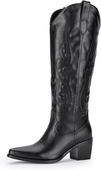 Amazon.com | Pasuot Western Cowboy Boots for Women - Black Knee High Wide Calf Cowgirl Boots with... | Amazon (US)
