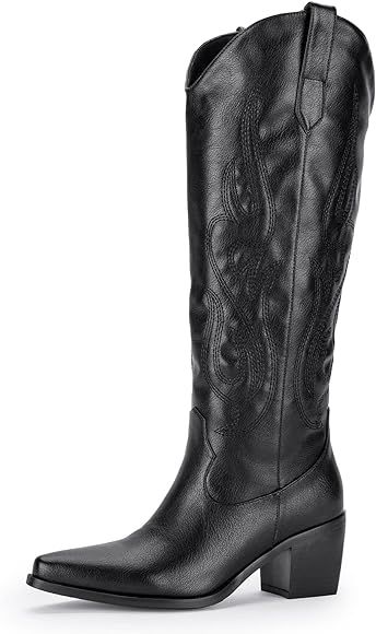 Amazon.com | Pasuot Western Cowboy Boots for Women - Black Knee High Wide Calf Cowgirl Boots with... | Amazon (US)