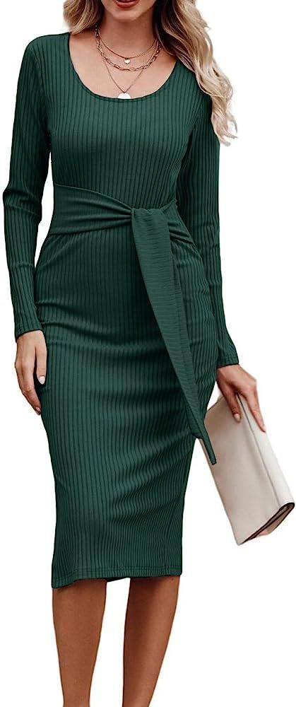 PRETTYGARDEN Women's Long Sleeve Square Neck Slit Bodycon Sweater Dress Tie Waist Ribbed Slim Fit Kn | Amazon (US)