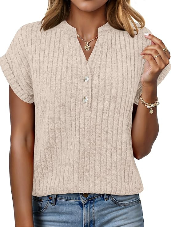 ANRABESS Womens Short Sleeve Henley Shirts V Neck Summer Sweaters 2026 Spring Business Tunic Tops... | Amazon (US)