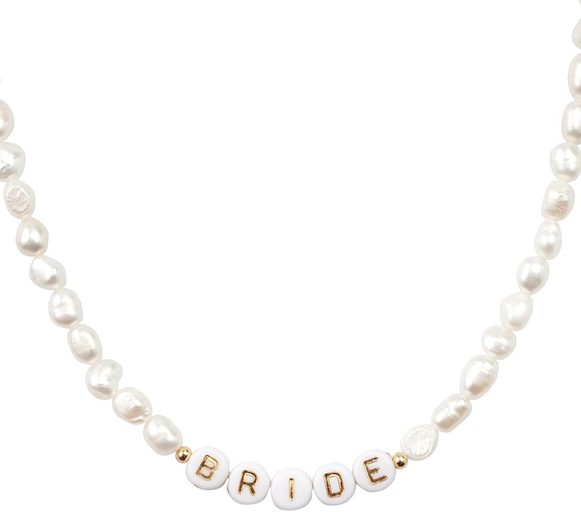 xo, Fetti Bride Freshwater Pearl Beaded Necklace, 14" Choker, Gold Letter Beads Jewelry | Bachelo... | Amazon (US)