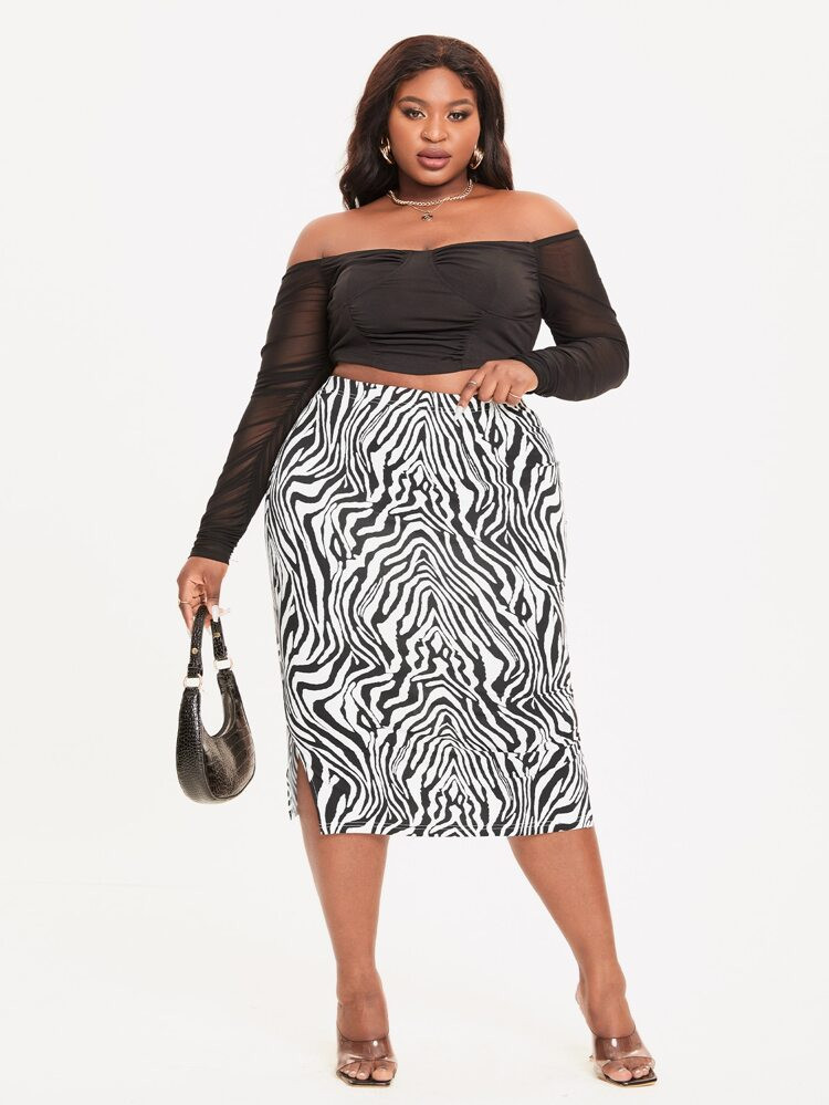 SHEIN SXY Plus Zebra Striped Split Hem Skirt | SHEIN