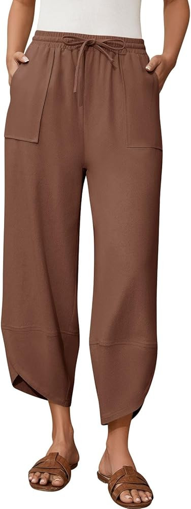 Womens Barrel Harem Linen Pants Wide Leg Pants Baggy Sweatpants Palazzo Drawstring Elastic Waist ... | Amazon (US)