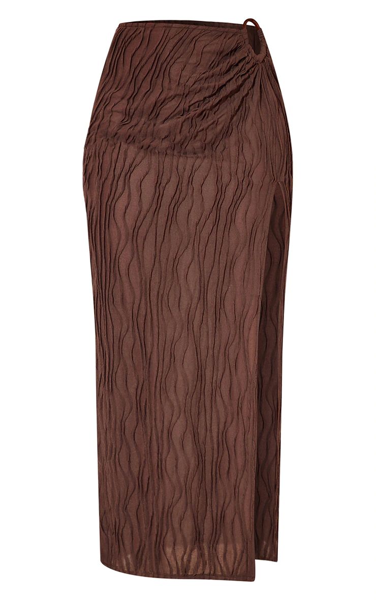 Dark Brown Textured O-ring Front Midi Skirt | PrettyLittleThing US
