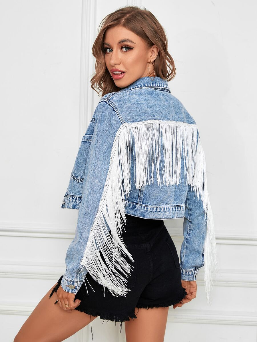 Fringe Trim Crop Denim Jacket | SHEIN
