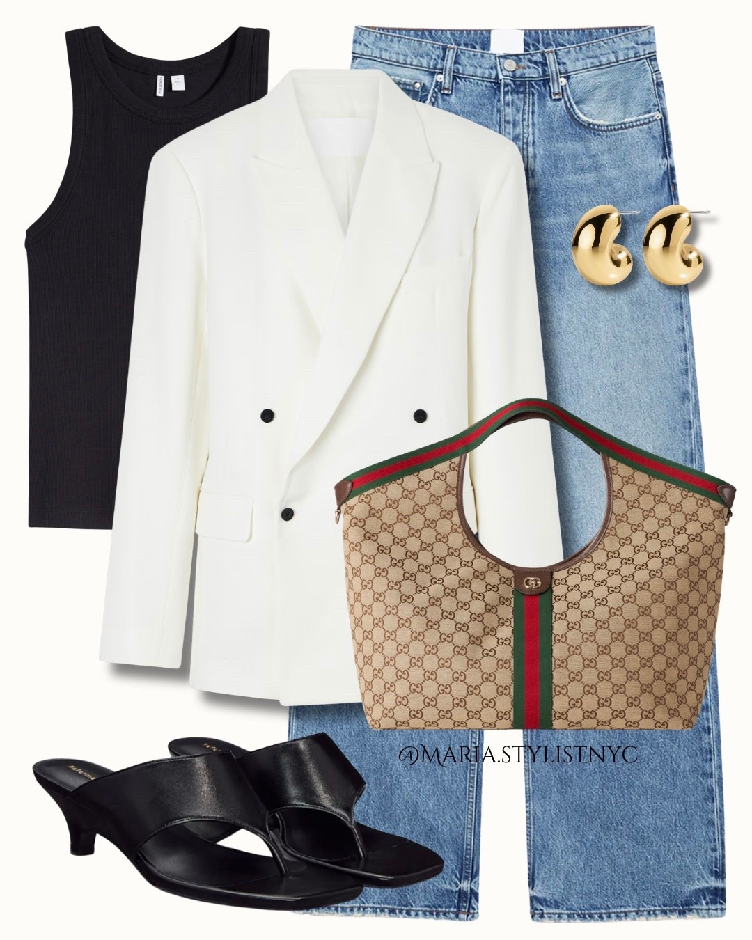 Clean, polished, and always in style 🤍
A white blazer and denim is one of those combinations that never misses — easy, elevated, and perfect from day to night.

• White double-breasted blazer
• Black ribbed tank
• Light-wash jeans
• Gold statement earrings
• Canvas shoulder bag
• Black kitten heel sandals

#LTKootd #LTKgrwm #LTKSeasonal