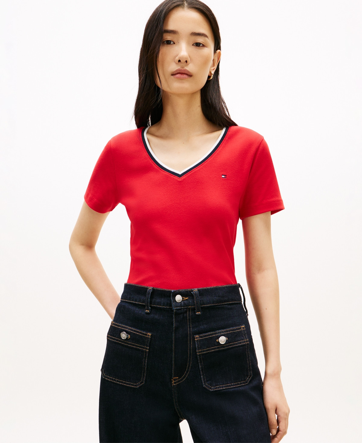 Tommy Hilfiger Women's Stripe Slim V-Neck Short-Sleeve T-Shirt - Primary Red | Macy's