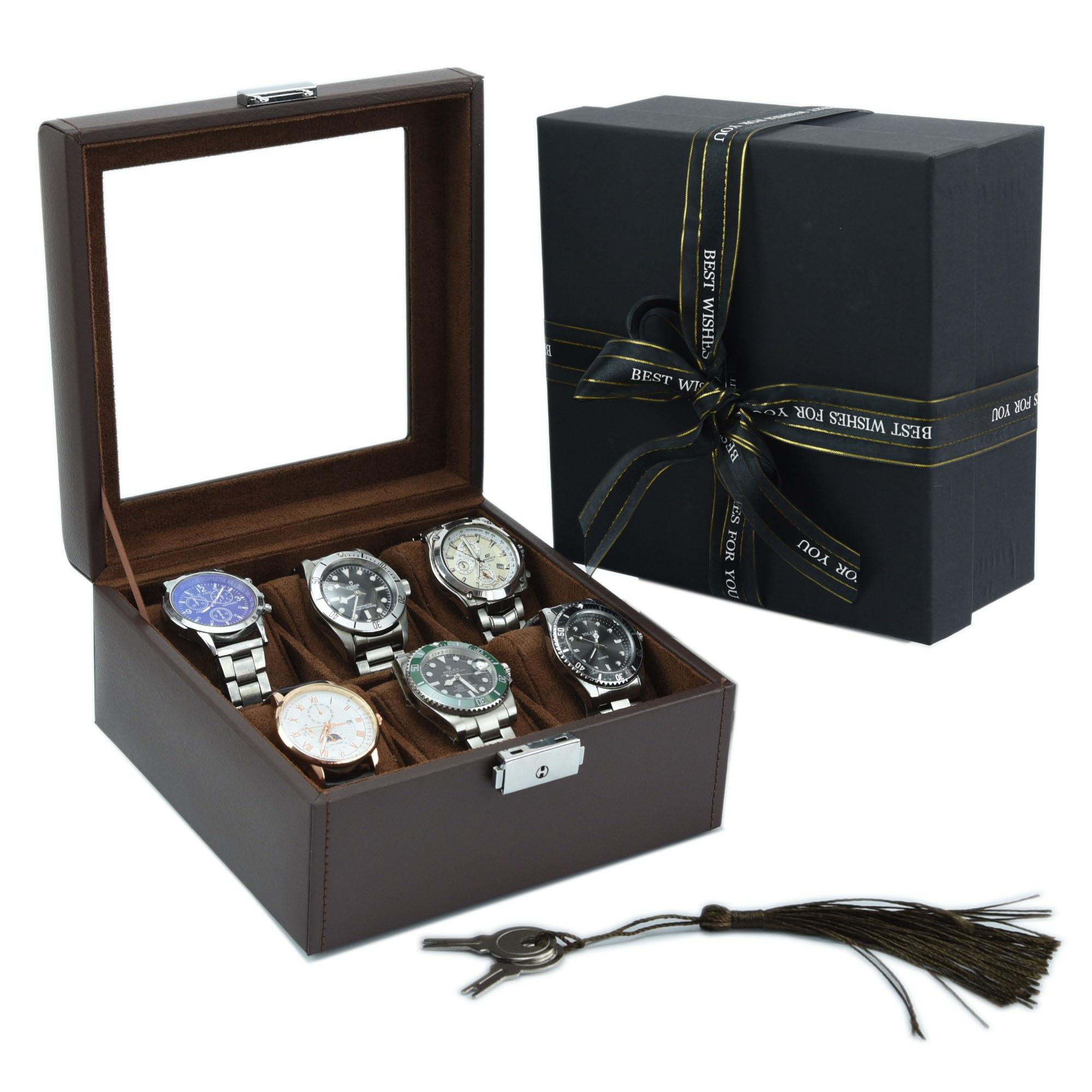 Watch Box Organizer for Men – Watch case 6 Slot Leather Storage holder, Mens Watch Jewelry Case... | Amazon (US)