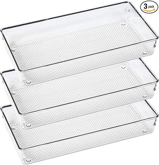 3 Pack Clear Plastic Drawer Organizer Tray Cutlery Utensil Makeups Drawer Organizers 12" X 6" | Amazon (US)