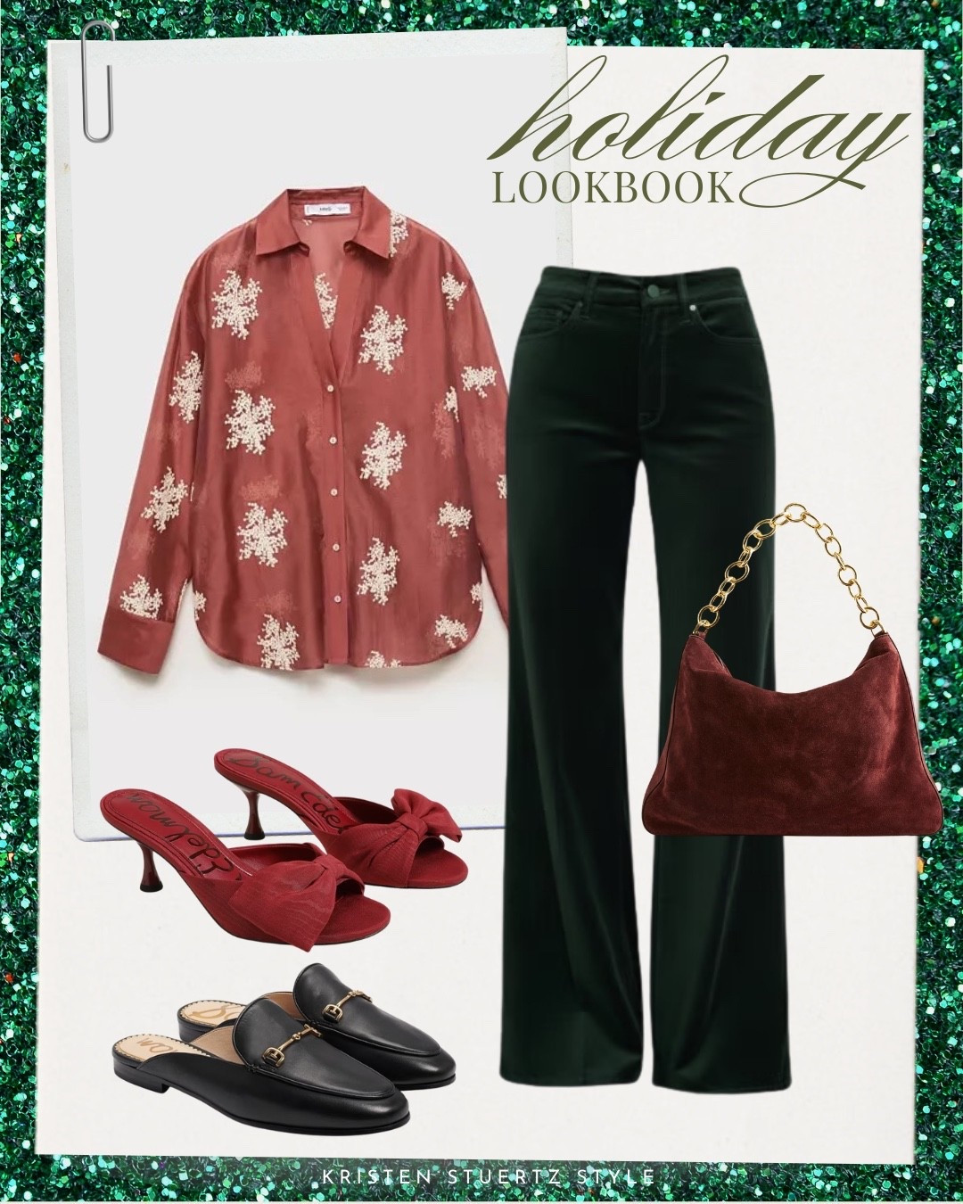 Holiday outfit: Mango embroidered shirt paired with green velvet wide leg pants, kitten heels, Sam Edelman black leather mules, and J.Crew suede shoulder bag.

#wide leg pants #holiday outfits #suede handbag #embroidered shirt

#LTKootd #LTKHoliday #LTKSaleAlert