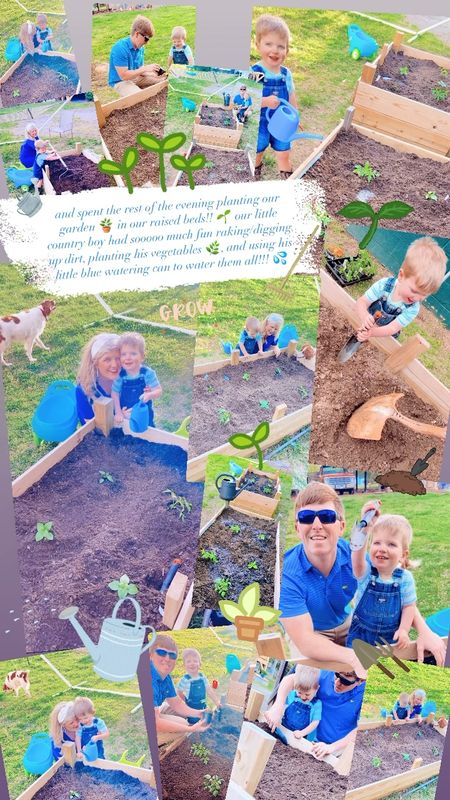 and spent the rest of the evening planting our garden 🪴 in our raised beds!! 🌱 our little country boy had sooooo much fun raking/digging up dirt, planting his vegetables 🌿, and using his little blue watering can to water them all!!! 💦 

#LTKbump #LTKfamily #LTKSeasonal