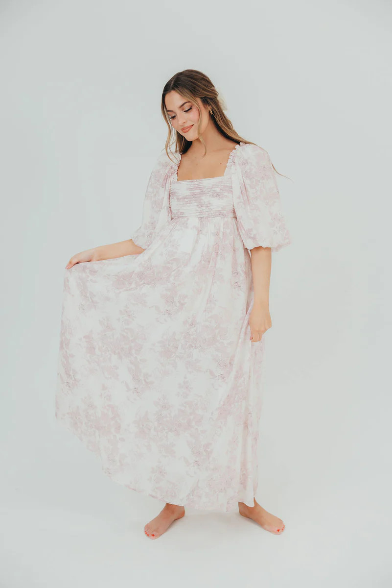 Melody Maxi Dress with Pleats and Bow Detail in Pink Toile - Bump Frie | Worth Collective