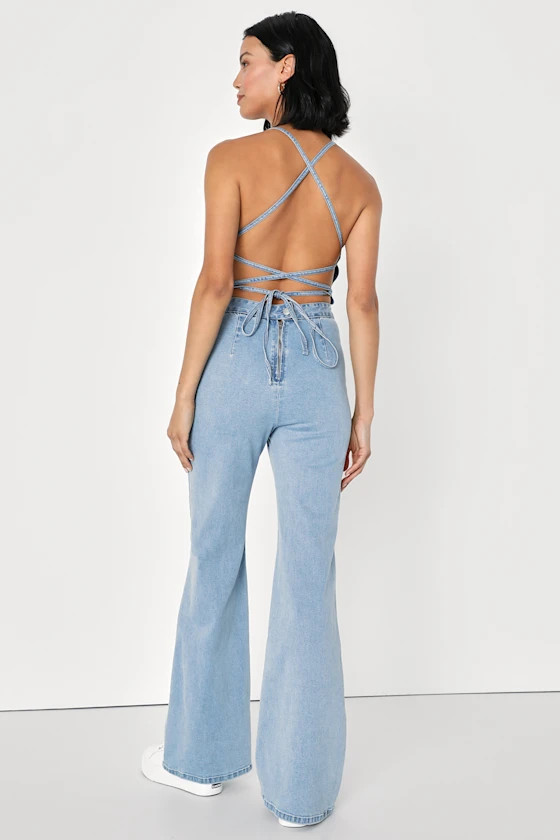 Retro Realness Light Wash Denim Lace-Up Backless Jumpsuit | Lulus (US)