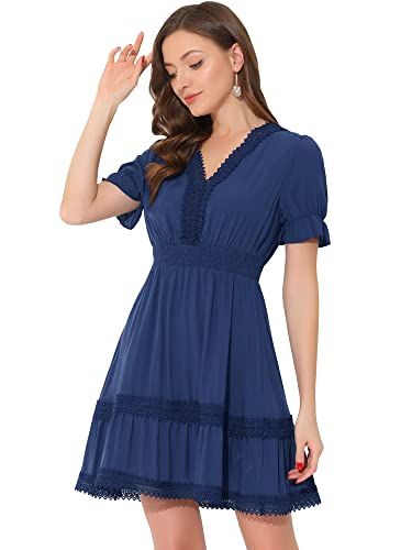 Allegra K Women's 2024 Summer Crochet Trim V Neck Casual Ruffled Tiered Smocked Boho Dress | Amazon (US)