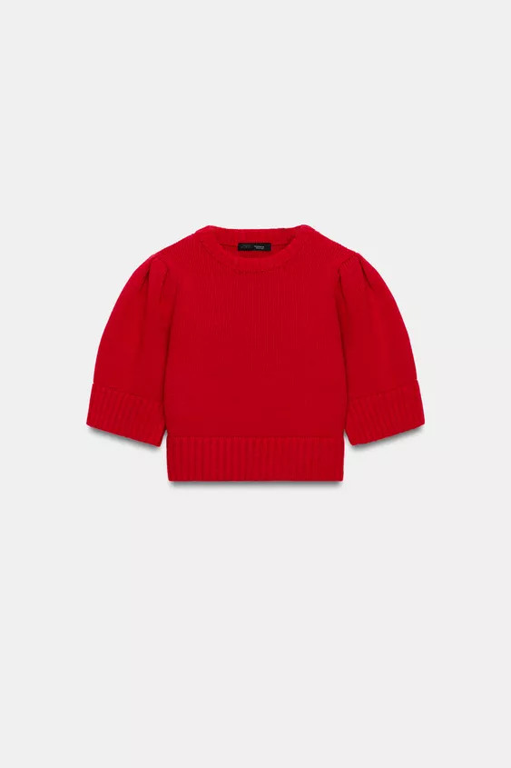 Plain knit jumper with short sleeves and shoulder pleats. Ribbed trim. | Zara US