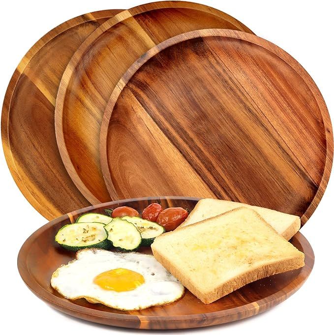 Wooden plates (set of 4-11inch ) Dinner Plates, Acacia Round Wood Plates, Unbreakable Classic Pla... | Amazon (US)