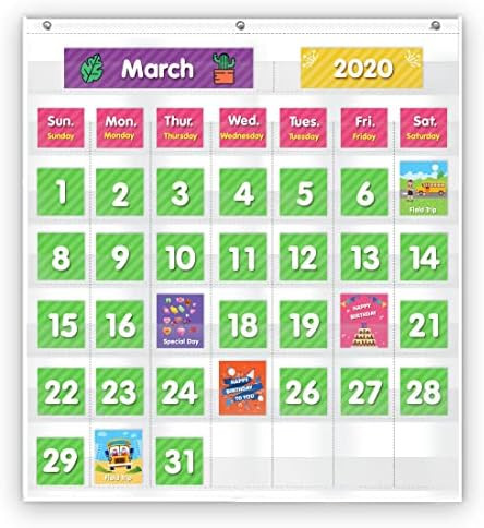 Eamay Classroom Monthly Calendar Pocket Chart with 71 Cards for Kids Learning for Home,White | Amazon (US)